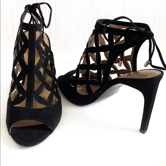 𝅺bcbg Shoes Black Clodin-X Heels 7 1/2 M Strappy Peep Toe New Without Box - Picture 1 of 11
